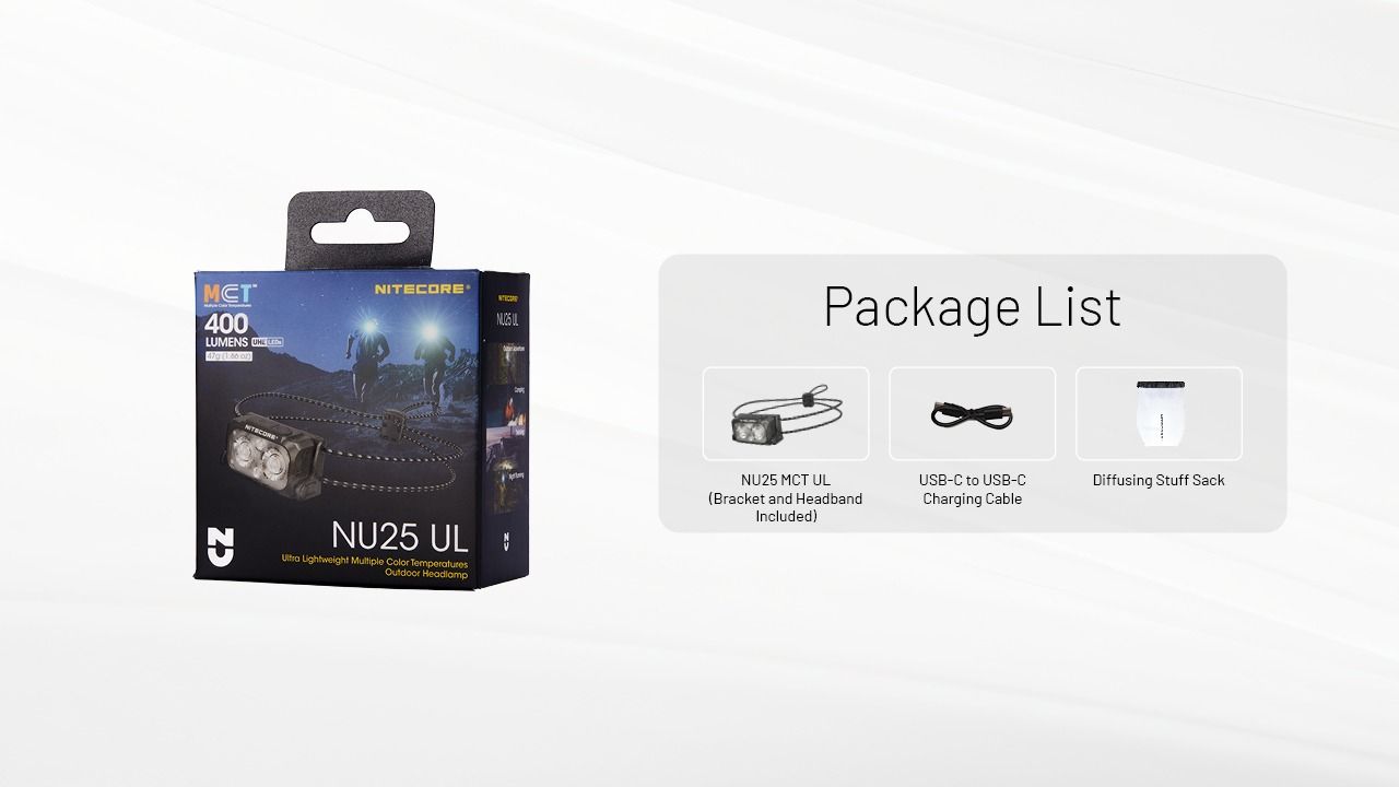 NITECORE NU25 MCT UL 400 Lumen Pandelampe Letvægt USB-C Genopladelig til Vandring Camping og Nødsituationer