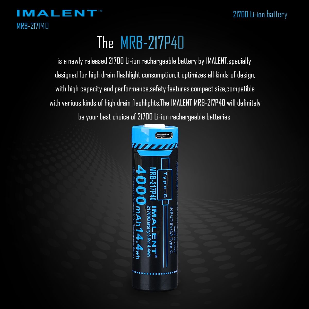 IMALENT MRB-217P40 21700 batteri 4000mAh Type-C genopladelig høj kapacitet til lommelygter og gadgets