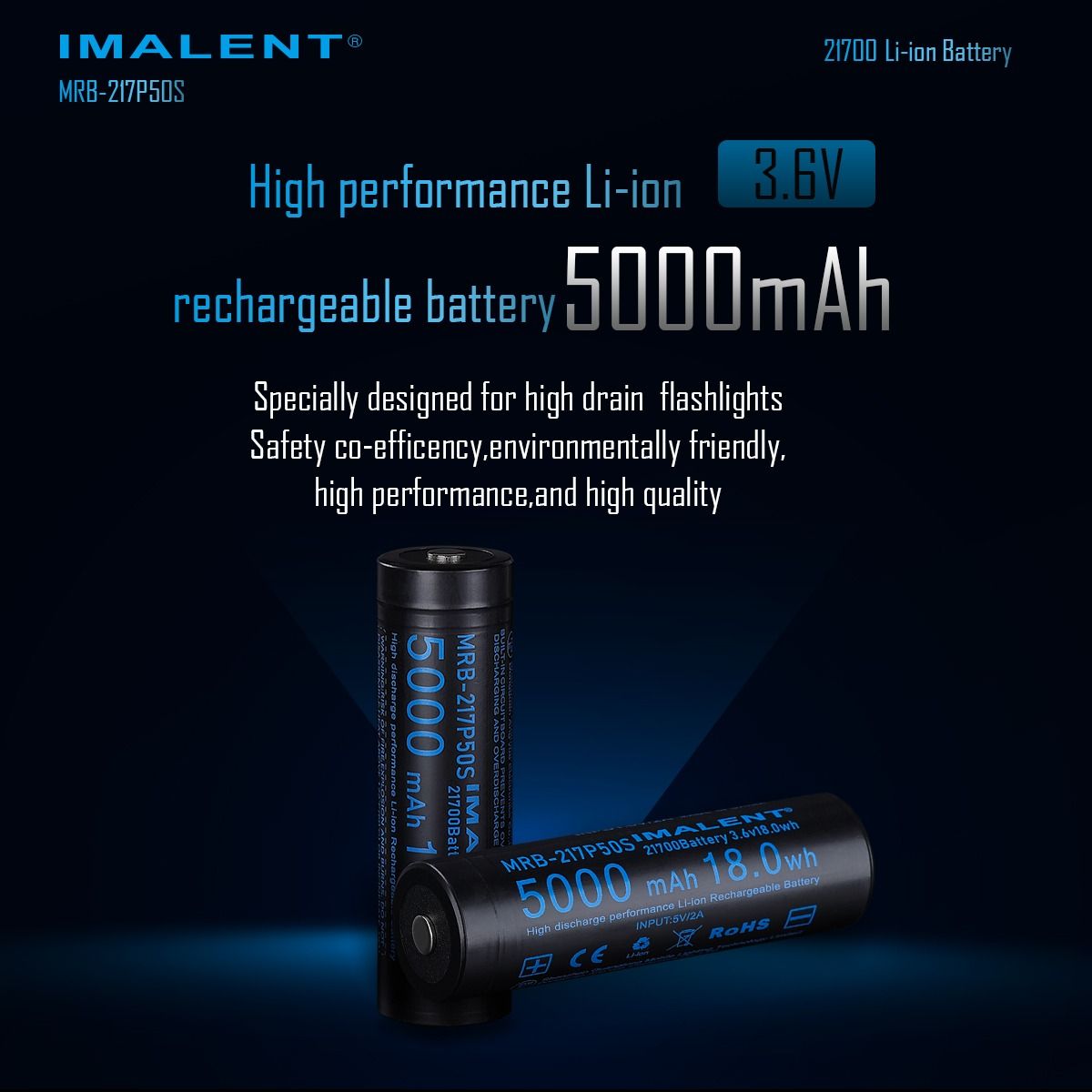 IMALENT MRB-217P50S 21700 5000MAH 3.6V genopladeligt batteri
