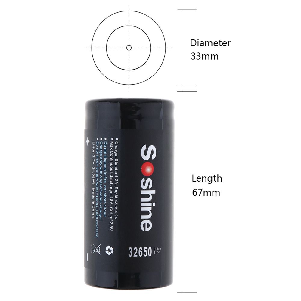 Soshine 6500mAh 3.7V 32650 Lithium genopladeligt batteri høj energitæthed lang levetid til værktøj og gadgets