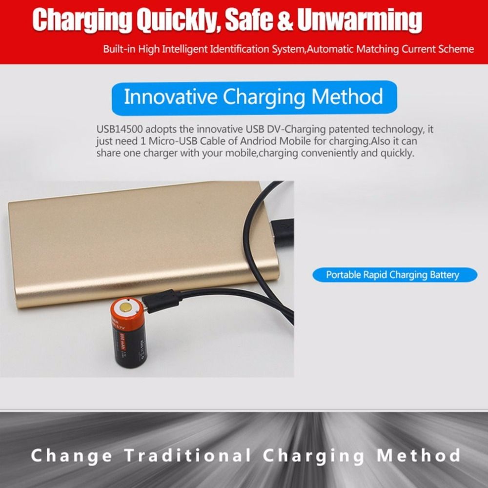 16340 650mAh 3.7V Micro USB genopladeligt Li-ion batteri, miljøvenligt, langtidsholdbart til lommelygter og udstyr