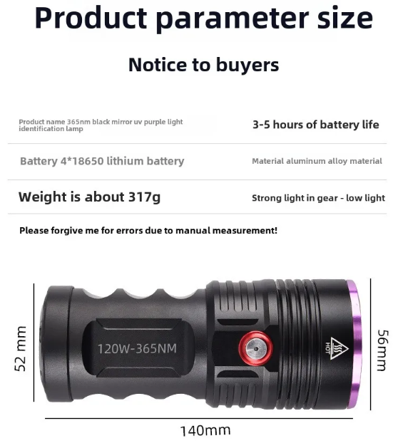 365nm UV Flashlight 120W USB-C Rechargeable Black Light with UV Glasses for Pet Urine Detection