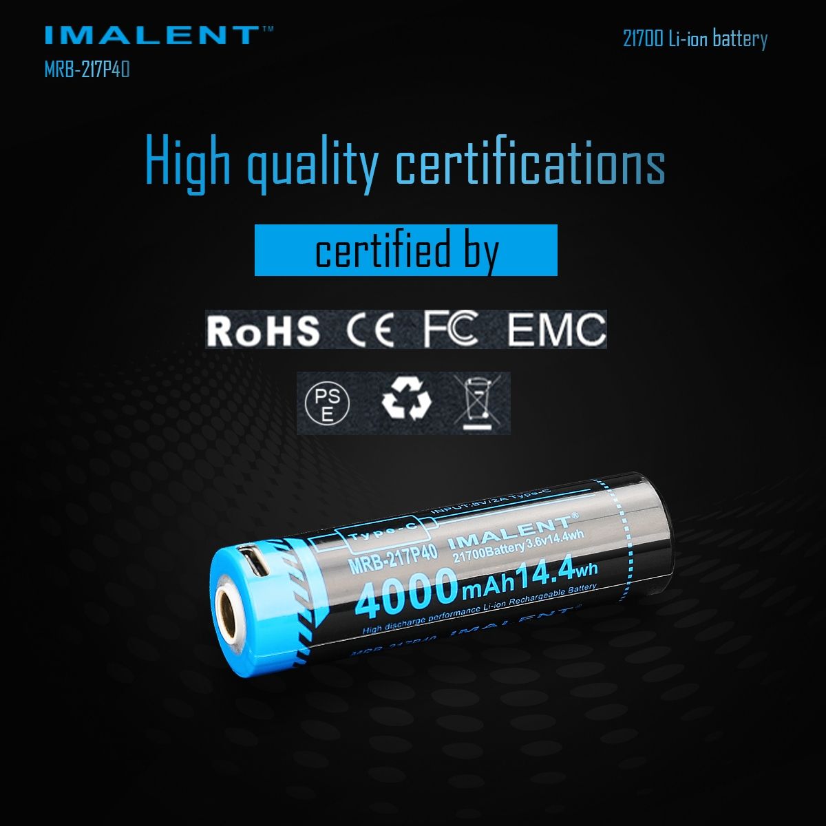 IMALENT MRB-217P40 21700 batteri 4000mAh Type-C genopladelig høj kapacitet til lommelygter og gadgets
