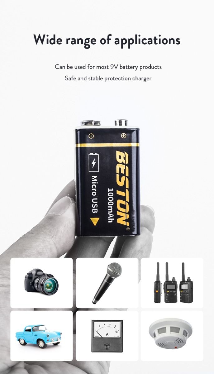 Beston 9V 1000mAh Micro USB genopladeligt batteri miljøvenlig strøm til RC-helikopter mikrofon og legetøj