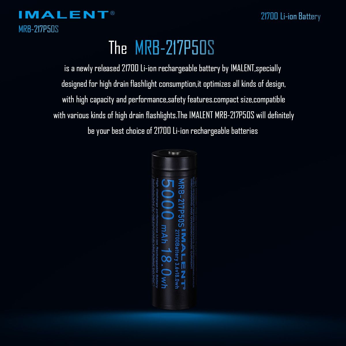 IMALENT MRB-217P50S 21700 5000MAH 3.6V genopladeligt batteri