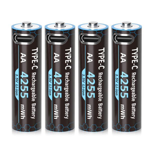 4-pak genopladelige AA lithiumbatterier 1.5V, 4255mWh højkapacitetsbatteri, LED-indikator & USB-C-port, 2H hurtig opladning til legetøj, fjernbetjening, lommelygte