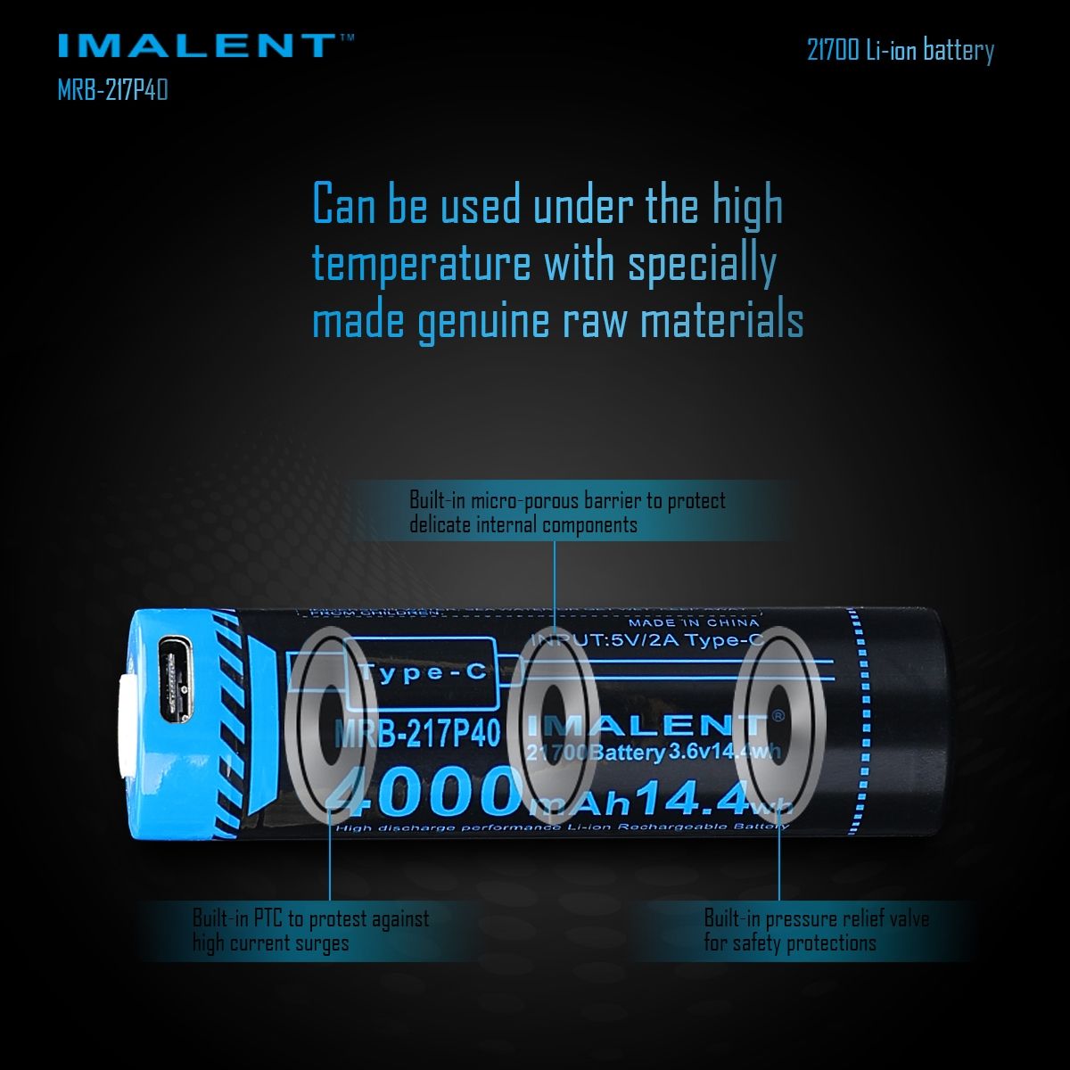 IMALENT MRB-217P40 21700 batteri 4000mAh Type-C genopladelig høj kapacitet til lommelygter og gadgets