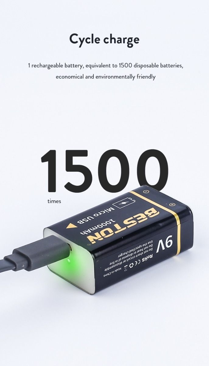 Beston 9V 1000mAh Micro USB genopladeligt batteri miljøvenlig strøm til RC-helikopter mikrofon og legetøj