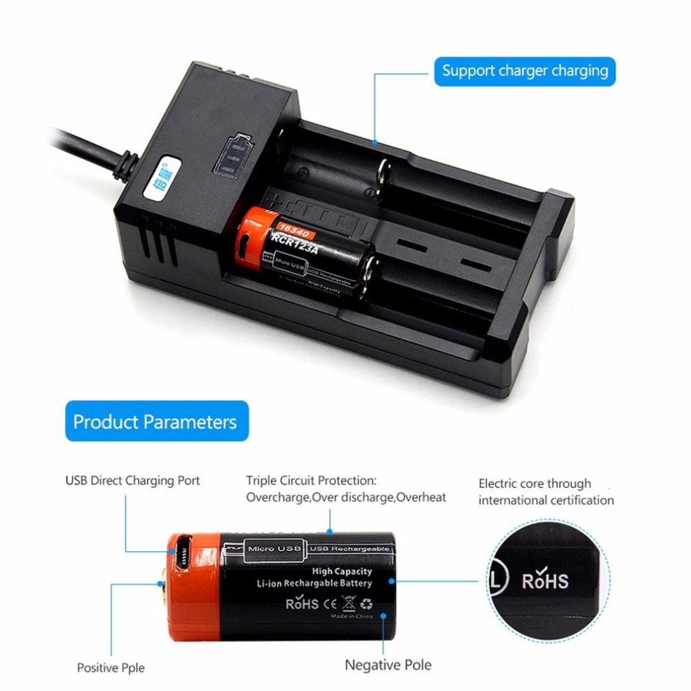 16340 650mAh 3.7V Micro USB genopladeligt Li-ion batteri, miljøvenligt, langtidsholdbart til lommelygter og udstyr