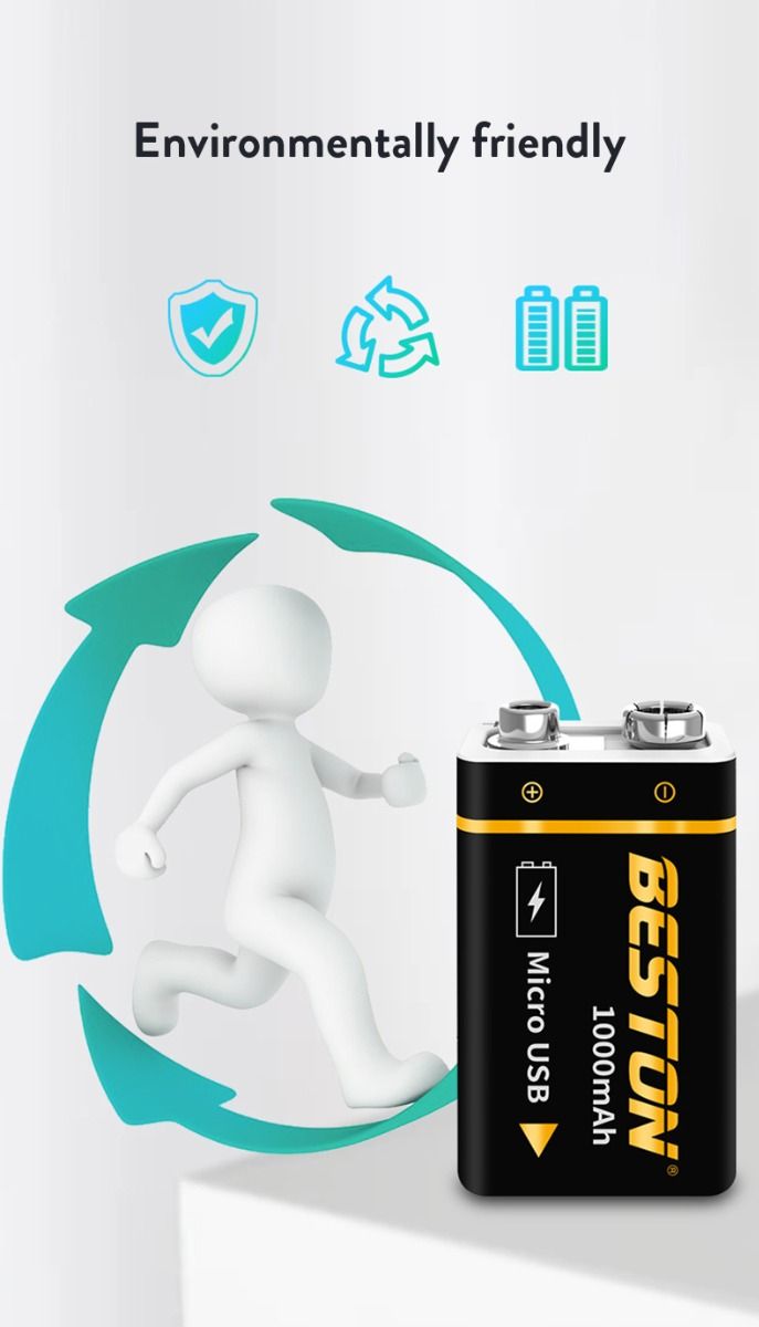 Beston 9V 1000mAh Micro USB genopladeligt batteri miljøvenlig strøm til RC-helikopter mikrofon og legetøj