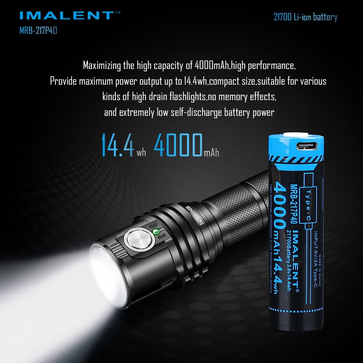 IMALENT MRB-217P40 21700 batteri 4000mAh Type-C genopladelig høj kapacitet til lommelygter og gadgets