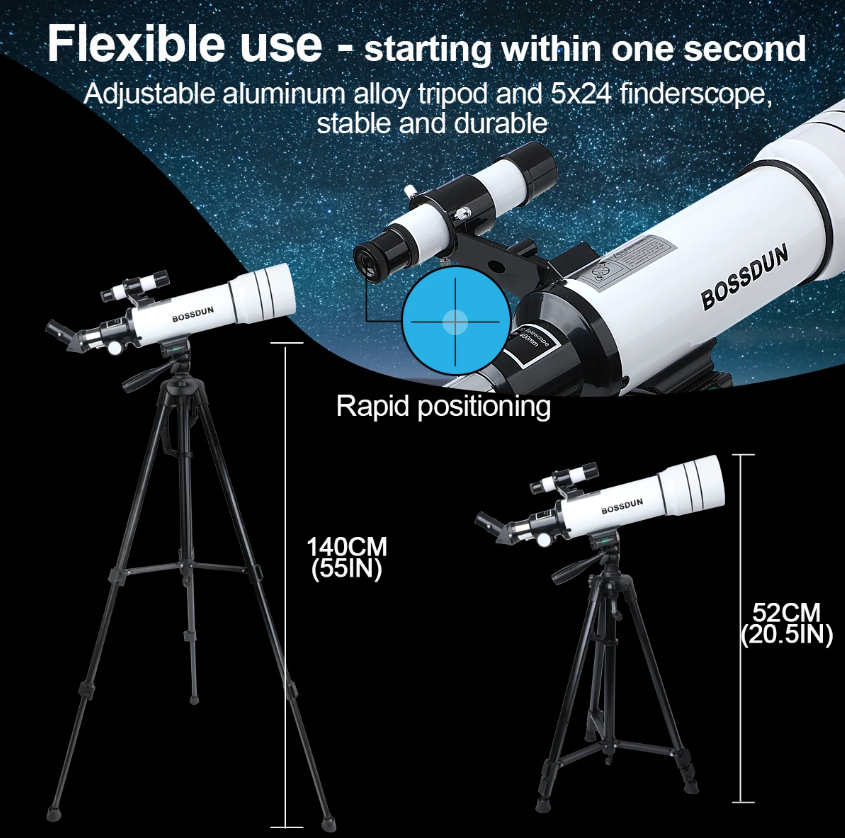 Bossdun 333X professionelt astronomisk teleskop til børn med stort objektiv til måneobservation og stjernekiggeri