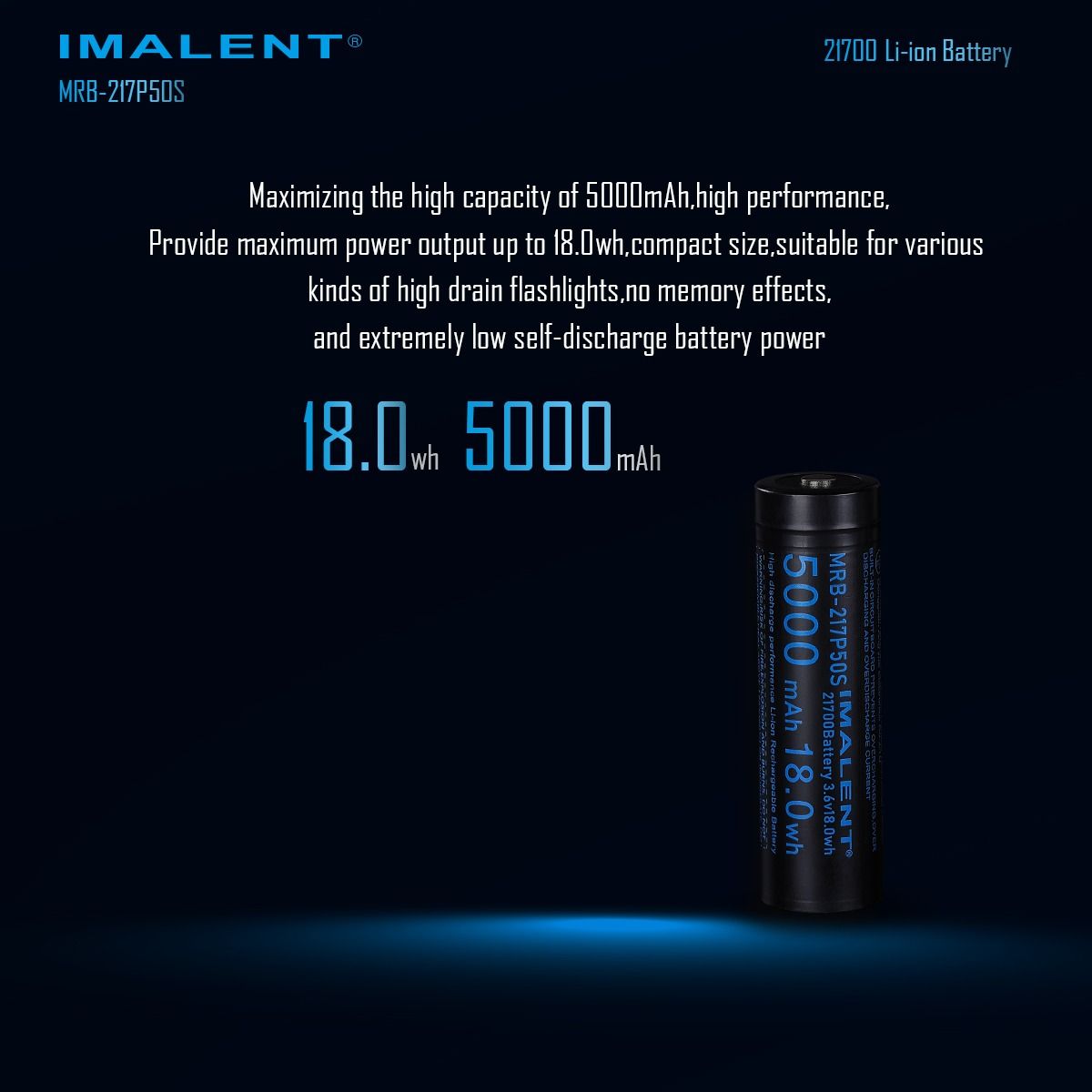 IMALENT MRB-217P50S 21700 5000MAH 3.6V genopladeligt batteri