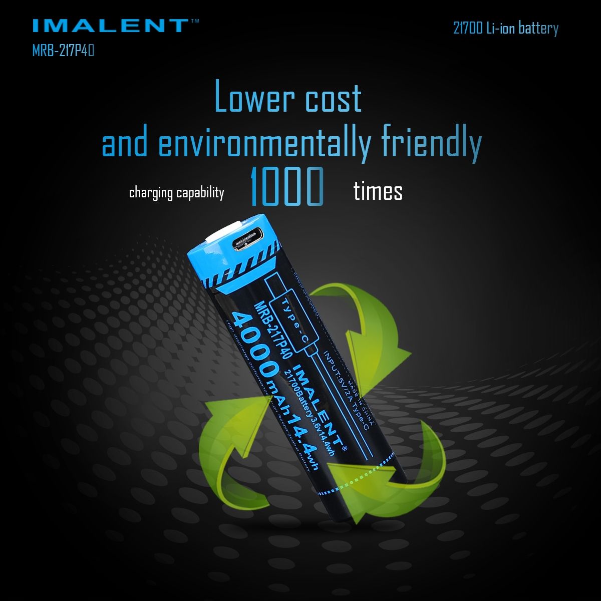 IMALENT MRB-217P40 21700 batteri 4000mAh Type-C genopladelig høj kapacitet til lommelygter og gadgets
