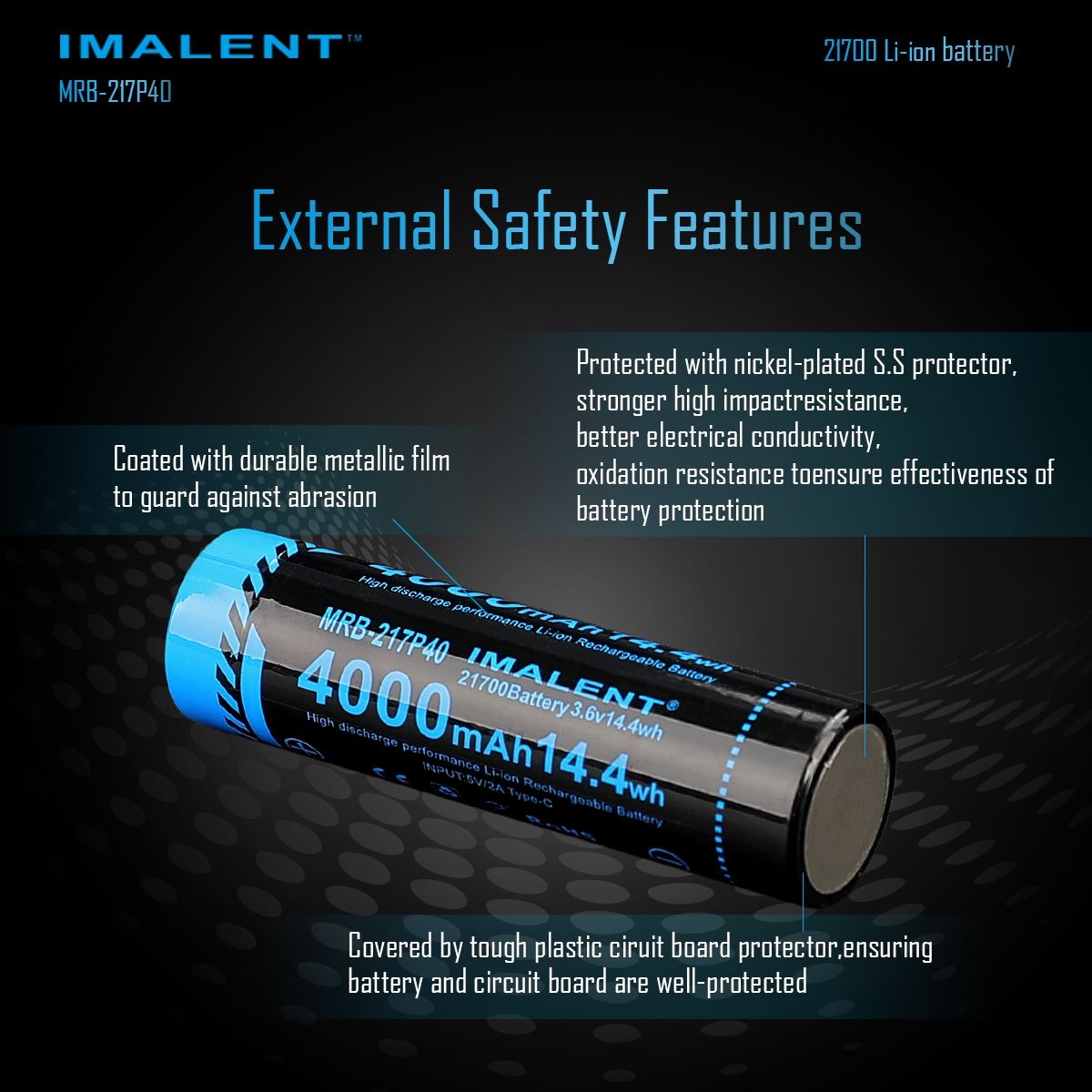 IMALENT MRB-217P40 21700 batteri 4000mAh Type-C genopladelig høj kapacitet til lommelygter og gadgets
