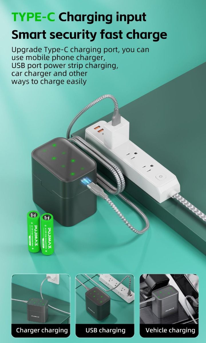 8-slots oplader med smart flip top rum og Type-C-port til effektiv opladning af AA lithiumbatterier