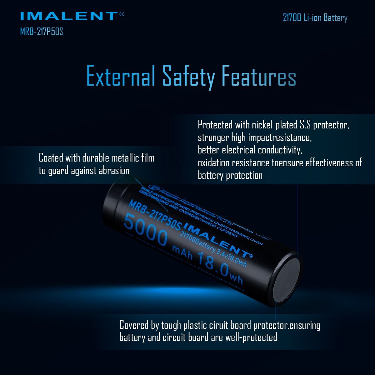 IMALENT MRB-217P50S 21700 5000MAH 3.6V genopladeligt batteri