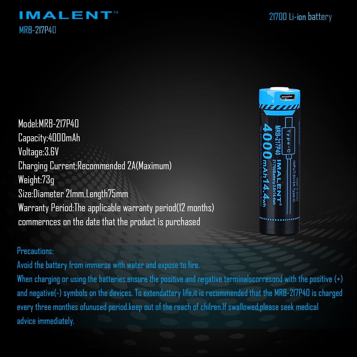 IMALENT MRB-217P40 21700 batteri 4000mAh Type-C genopladelig høj kapacitet til lommelygter og gadgets