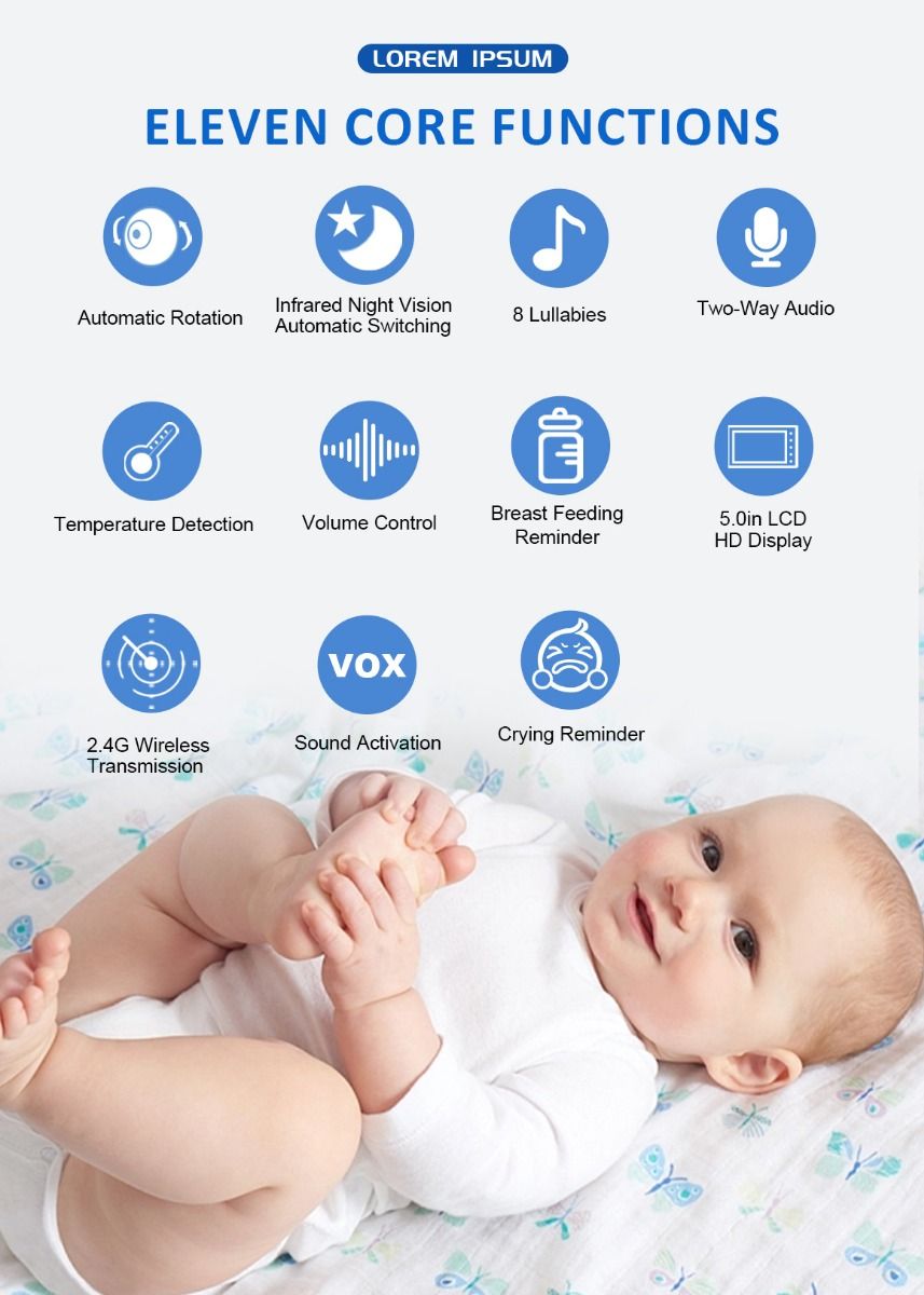 ABM501 Video Babymonitor 2.4G Trådløs 5.0 Tommer LCD Nattevision To-vejs Lyd til Familiesikkerhed