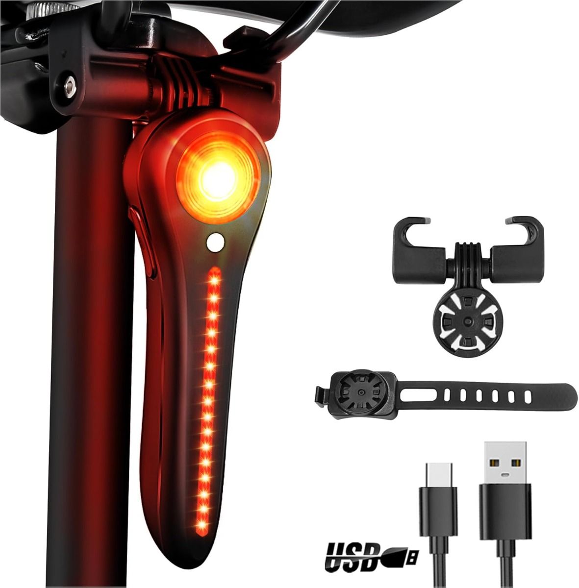 Cykelbaglygte Smart USB-C Genopladelig Cykelbaglygte Super Skarp Baglygte til Vej og Mountainbike, Cykelbaglygte