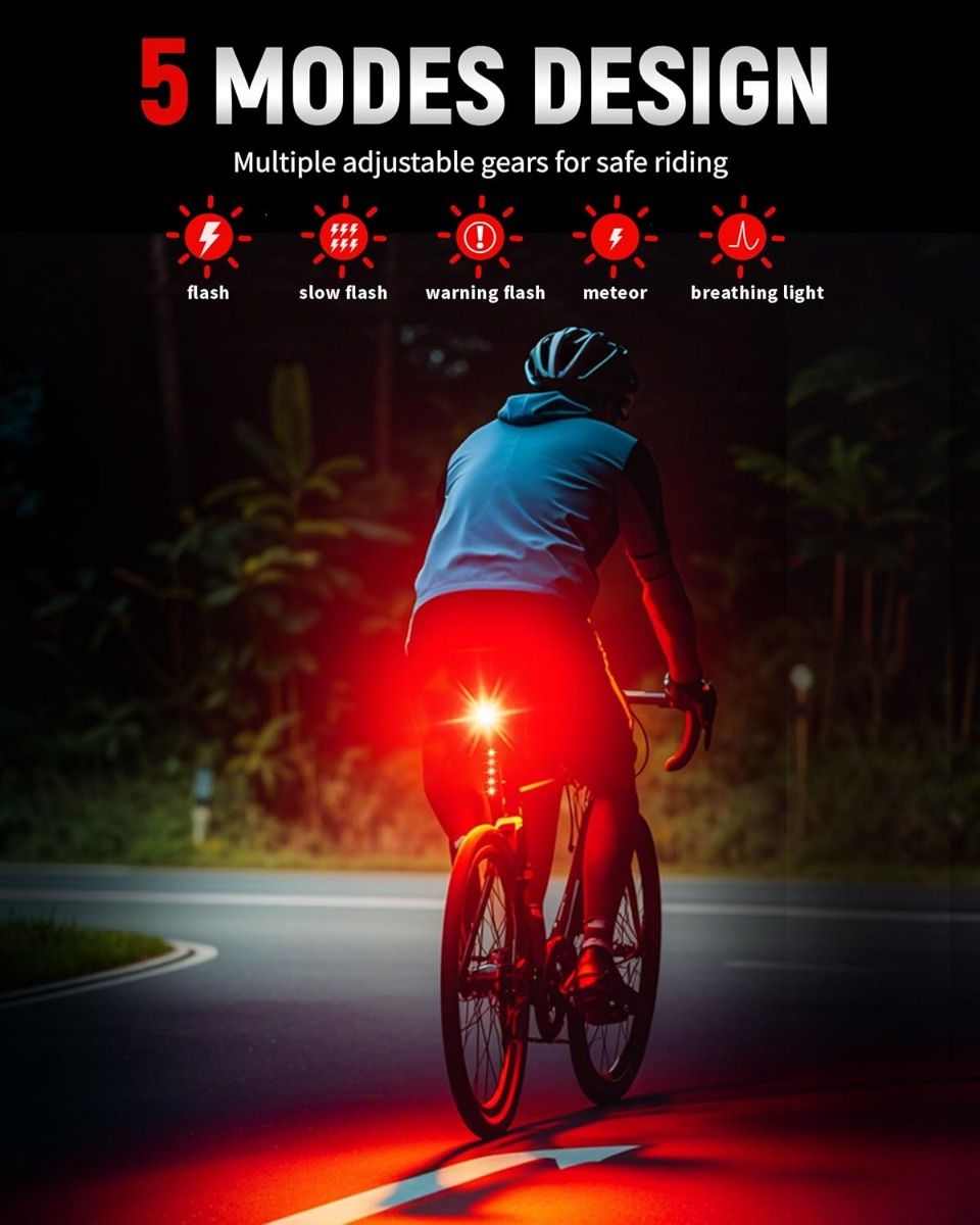 Cykelbaglygte Smart USB-C Genopladelig Cykelbaglygte Super Skarp Baglygte til Vej og Mountainbike, Cykelbaglygte