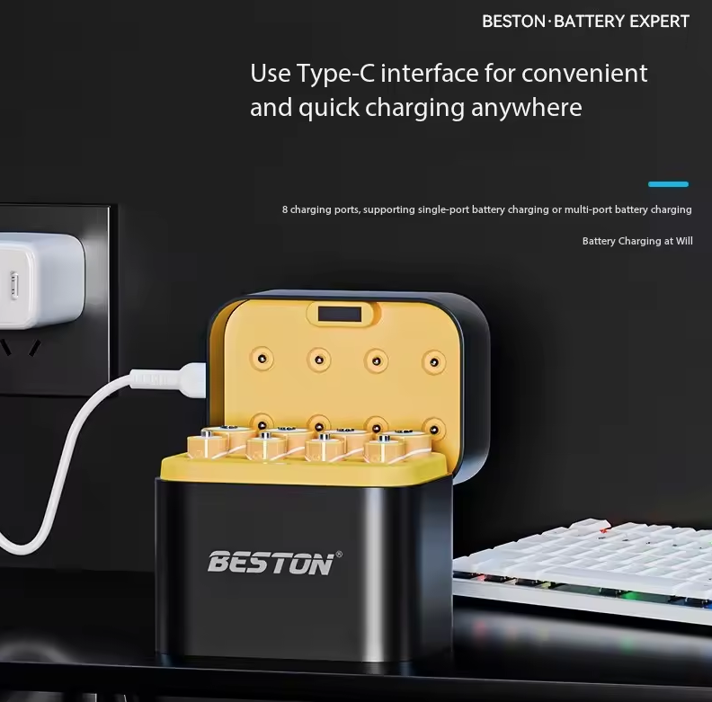 Beston Smart Batterioplader 8 Slots AA med 3600mWh 1,5V genopladeligt lithiumbatteri hurtigopladende batterioplader sæt