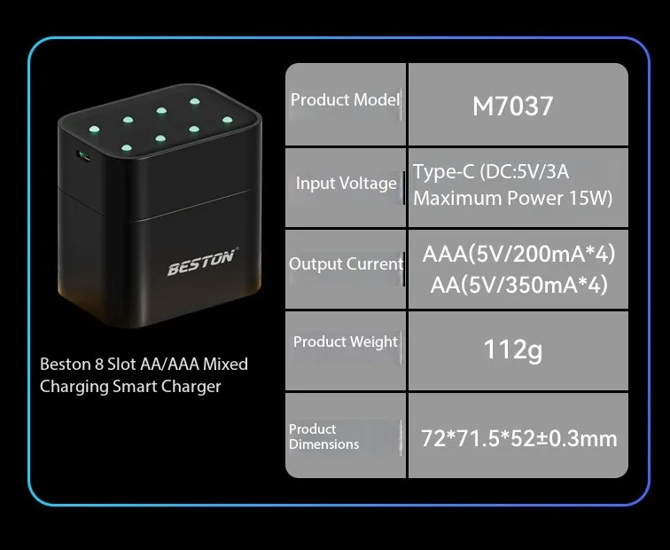 Beston Smart Batterioplader 8 Slots AA med 3600mWh 1,5V genopladeligt lithiumbatteri hurtigopladende batterioplader sæt