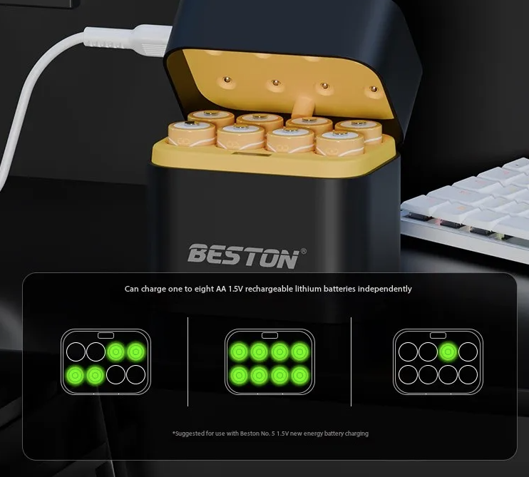 Beston Smart Batterioplader 8 Slots AA med 3600mWh 1,5V genopladeligt lithiumbatteri hurtigopladende batterioplader sæt