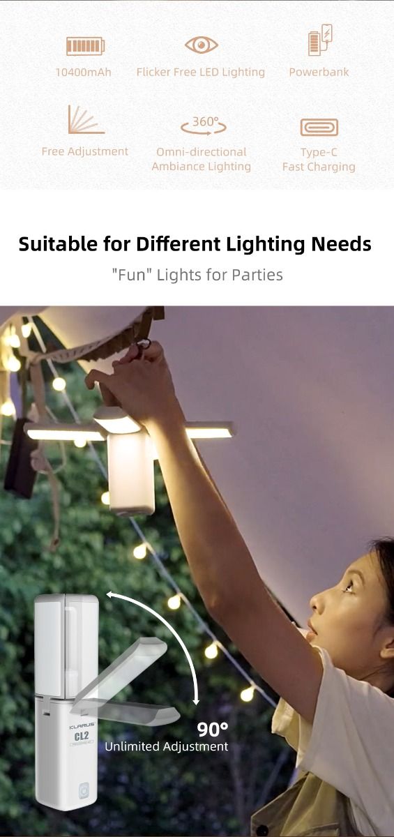 Klarus CL2 750 Lumen Freefolding Campinglampe Bærbar Øjenvenlig Alsidig Lampe med 7 Lystilstande