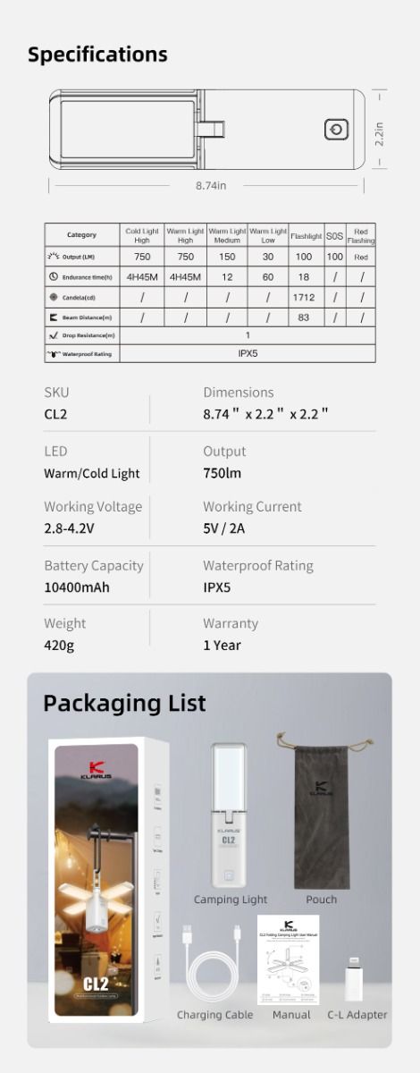 Klarus CL2 750 Lumen Freefolding Campinglampe Bærbar Øjenvenlig Alsidig Lampe med 7 Lystilstande