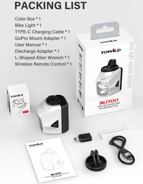 TOWILD DLite 1700 USB-genopladelig cykellygte 1900 lumen vandtæt forlygte cykling DL1700 cykellys