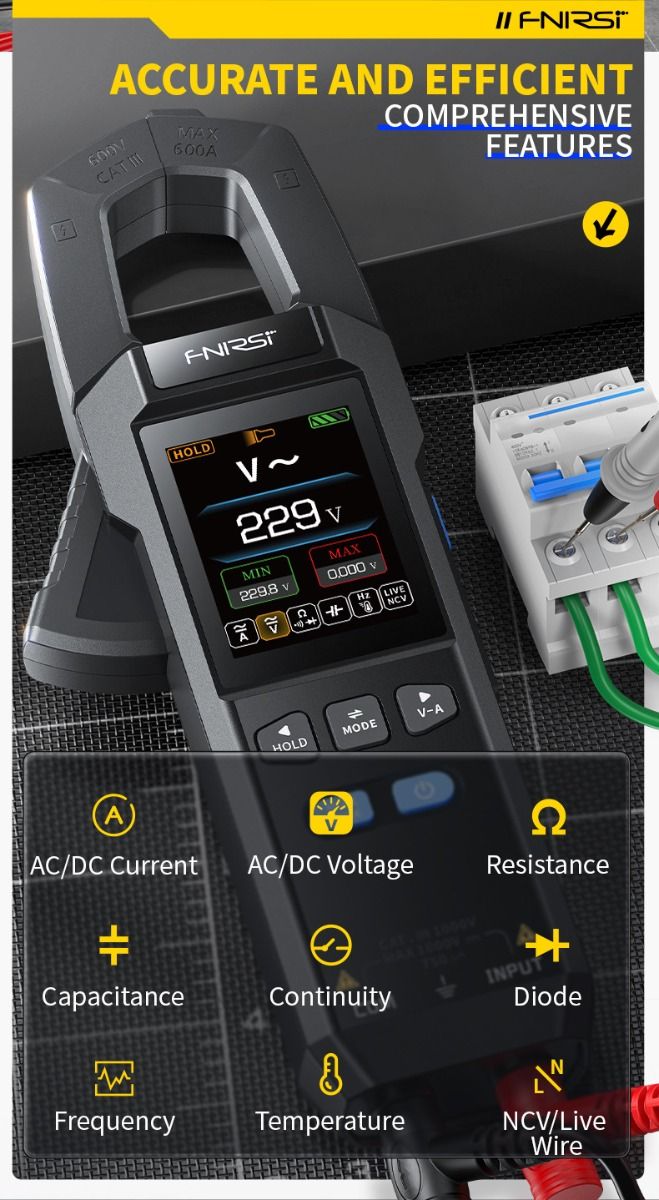 FNIRSI DMC-100 Tangmultimeter, fuldautomatisk intelligent højpræcision tangemeter amperemeter universalmeter, måler NCV, AC/DC spænding og strøm, kontinuitet, kapacitans, diode, modstand, temperatur.