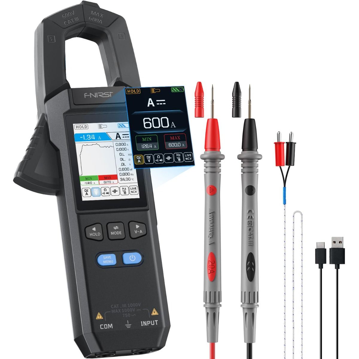 FNIRSI DMC-100 Tangmultimeter, fuldautomatisk intelligent højpræcision tangemeter amperemeter universalmeter, måler NCV, AC/DC spænding og strøm, kontinuitet, kapacitans, diode, modstand, temperatur.