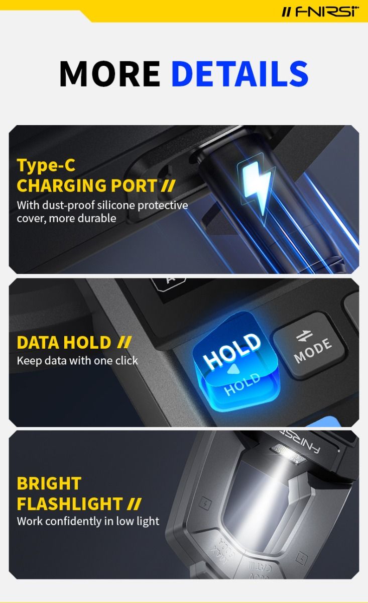 FNIRSI DMC-100 Tangmultimeter, fuldautomatisk intelligent højpræcision tangemeter amperemeter universalmeter, måler NCV, AC/DC spænding og strøm, kontinuitet, kapacitans, diode, modstand, temperatur.