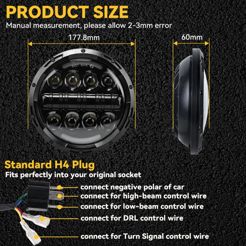 7 Tommer Motorcykel LED-Forlygte Stråle DRL Blinklys 7" Rund Forlygte til Harley Jeep Wrangler Hummer