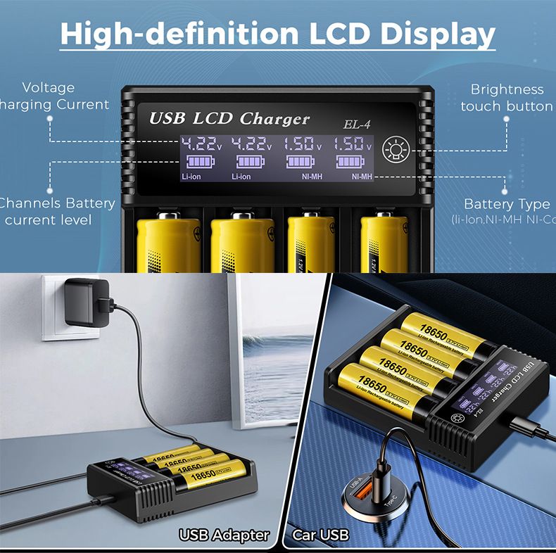 USB LCD Smart batteri oplader Effektiv oplader til 18650 AA AAA batterier med LCD-display Alsidig og bærbar