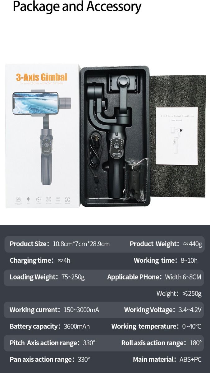 F10 Pro Stabilizer 3-aksede telefon-gimbal til mobilfilmskabelse med smartphone-kompatibilitet og ansigtsgenkendelse