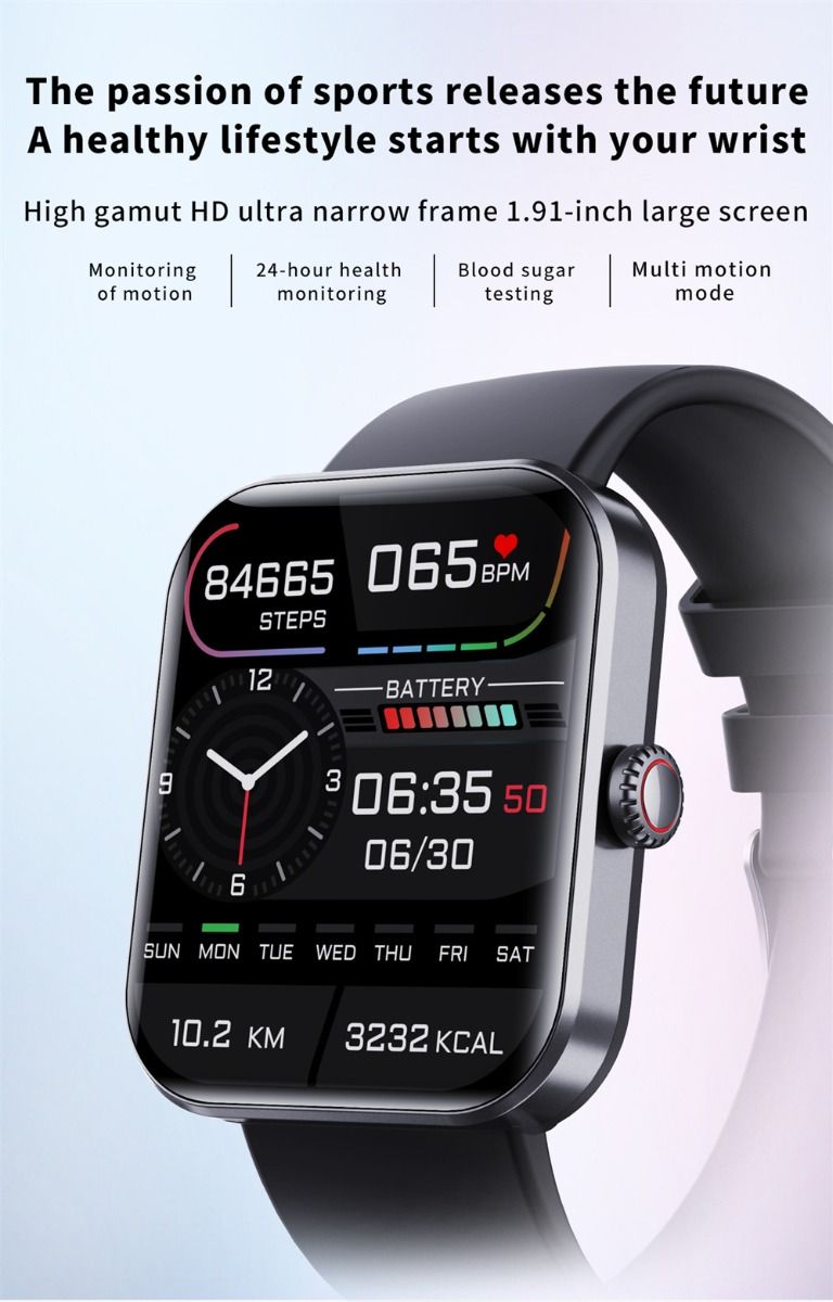 F57L Smart Watch Blodsukker Blodtryk Puls Temperatur Overvågning Sport Overvågning 1,91 Tomme Sn