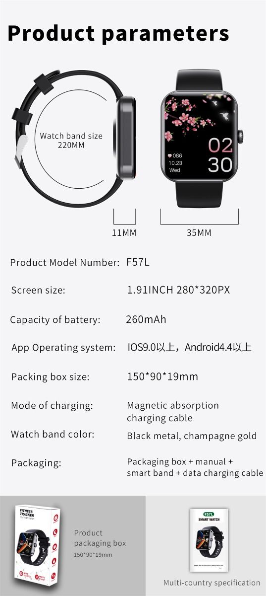 F57L Smart Watch Blodsukker Blodtryk Puls Temperatur Overvågning Sport Overvågning 1,91 Tomme Sn