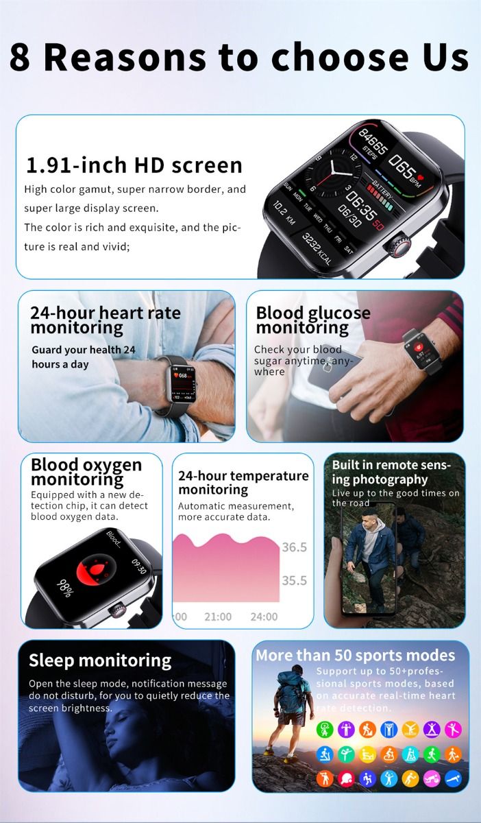 F57L Smart Watch Blodsukker Blodtryk Puls Temperatur Overvågning Sport Overvågning 1,91 Tomme Sn