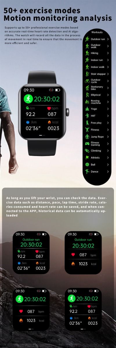F57L Smart Watch Blodsukker Blodtryk Puls Temperatur Overvågning Sport Overvågning 1,91 Tomme Sn