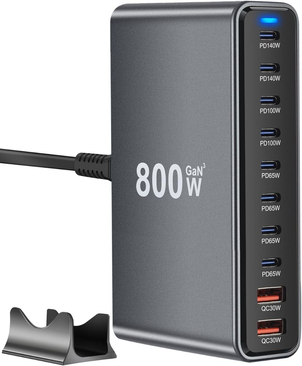 800W USB-C hurtigopladerblok, 10-port USB-opladningsstation, GaN Ⅲ Pro dobbelt 140W PD PPS portoplader kompatibel