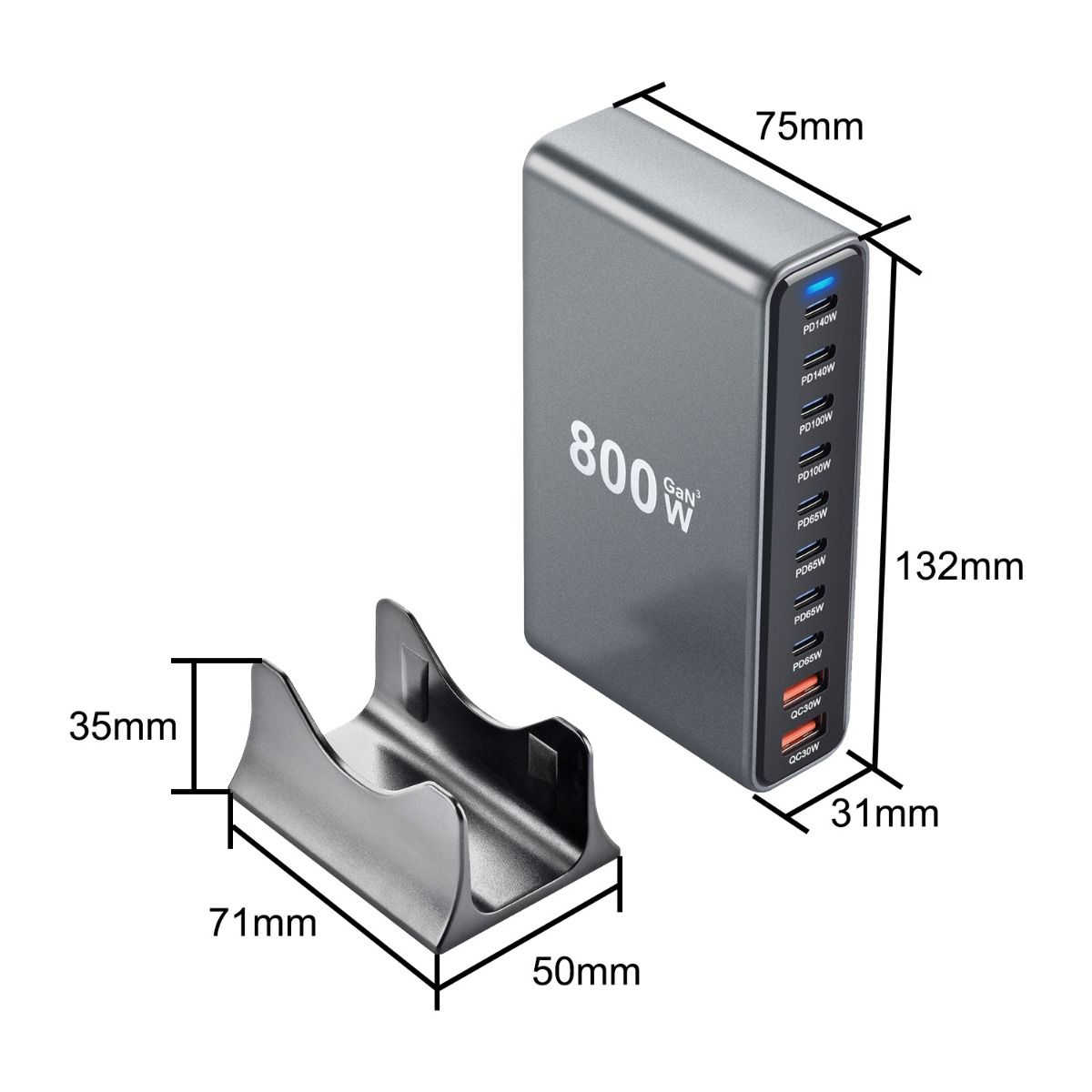 800W USB-C hurtigopladerblok, 10-port USB-opladningsstation, GaN Ⅲ Pro dobbelt 140W PD PPS portoplader kompatibel