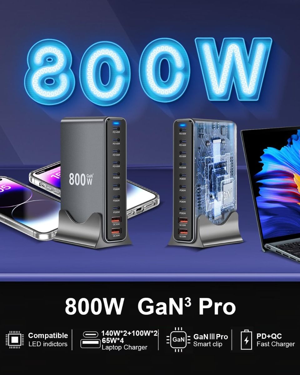 800W USB-C hurtigopladerblok, 10-port USB-opladningsstation, GaN Ⅲ Pro dobbelt 140W PD PPS portoplader kompatibel