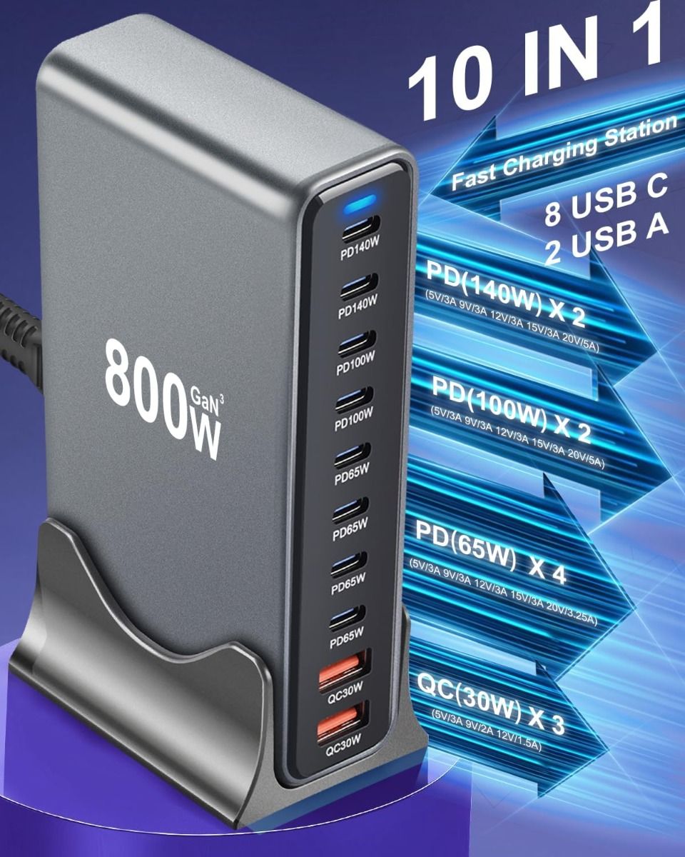 800W USB-C hurtigopladerblok, 10-port USB-opladningsstation, GaN Ⅲ Pro dobbelt 140W PD PPS portoplader kompatibel