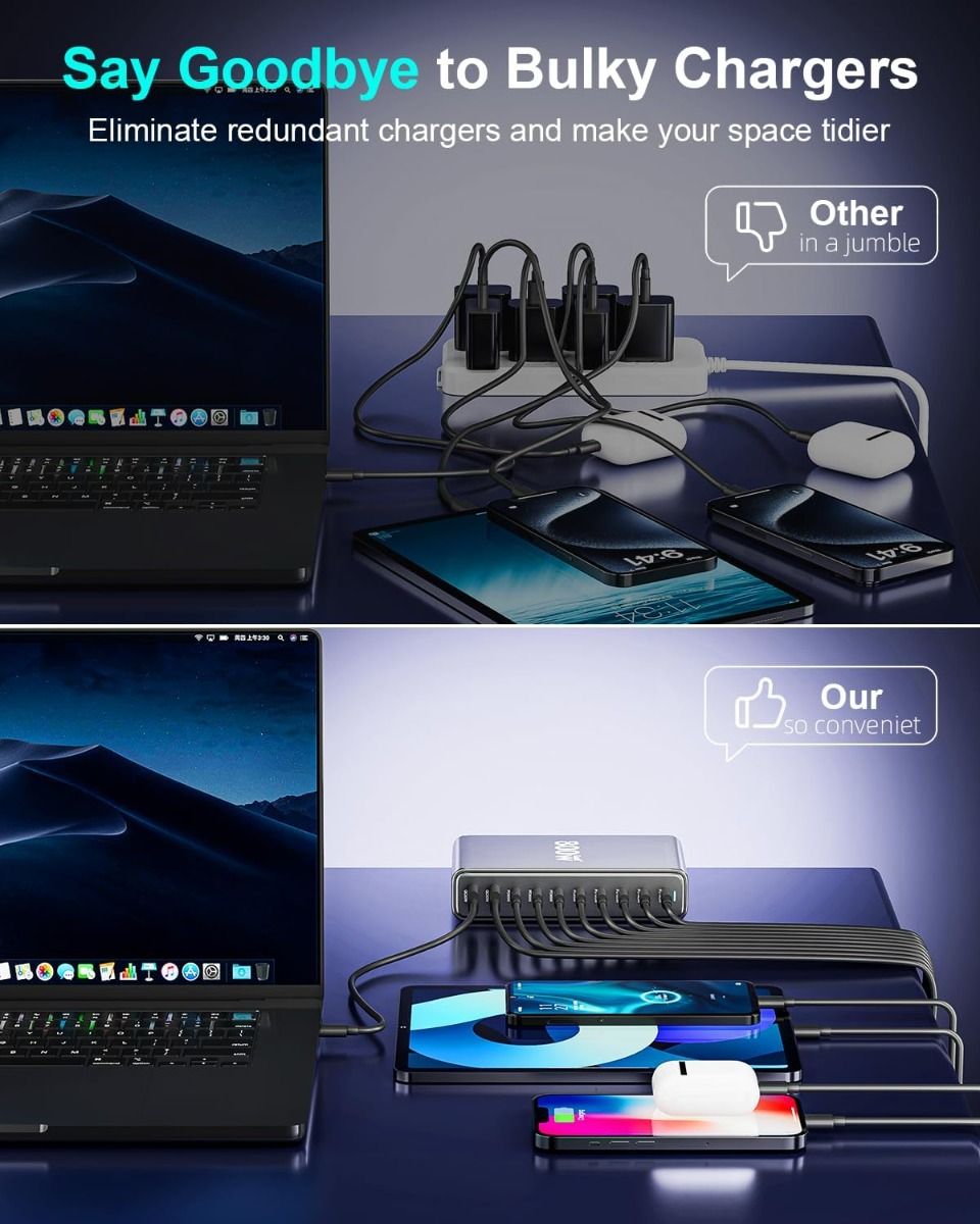 800W USB-C hurtigopladerblok, 10-port USB-opladningsstation, GaN Ⅲ Pro dobbelt 140W PD PPS portoplader kompatibel
