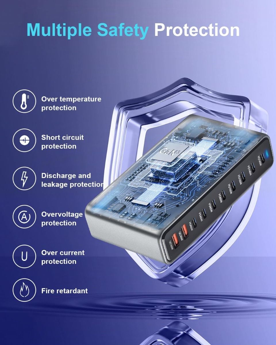 800W USB-C hurtigopladerblok, 10-port USB-opladningsstation, GaN Ⅲ Pro dobbelt 140W PD PPS portoplader kompatibel
