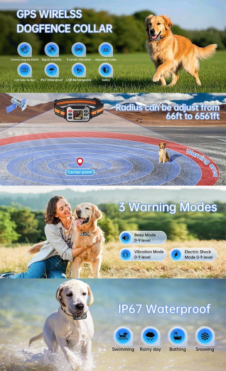Trådløst hundegårdshalsbånd, GPS-kæledyrsindhegningssystem, genopladeligt anti-gø-halsbånd til hunde, vandtæt anti-gø-træner, til hunde 15-120 lbs
