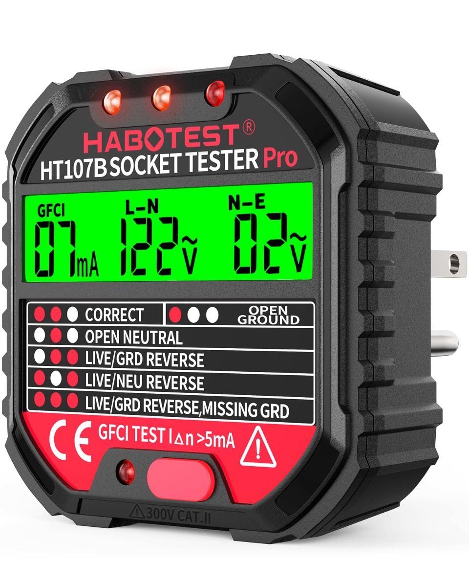GFCI Receptacle Tester with LCD Display, 90-250V, 6 Visual Indications, CAT II 300V