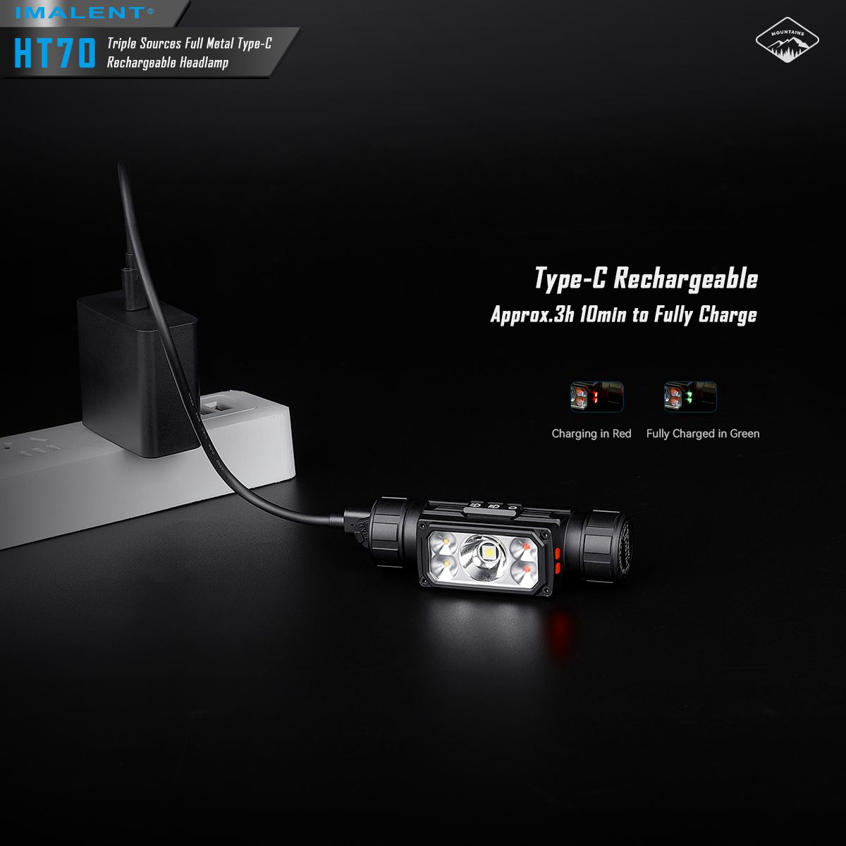 IMALENT HT70 Pandelampe med tredobbelt lyskilde, 3500 lumen, genopladelig, ergonomisk design til udendørs eventyr.